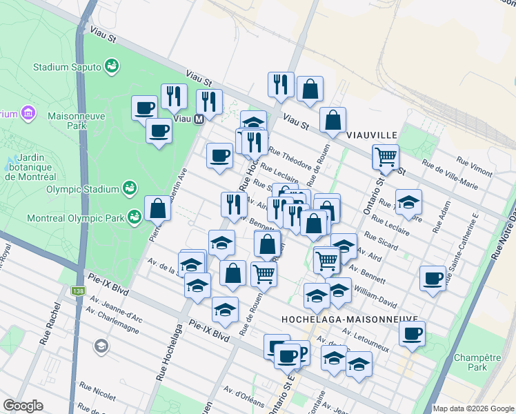 map of restaurants, bars, coffee shops, grocery stores, and more near 2350 Avenue Aird in Montrã©Al