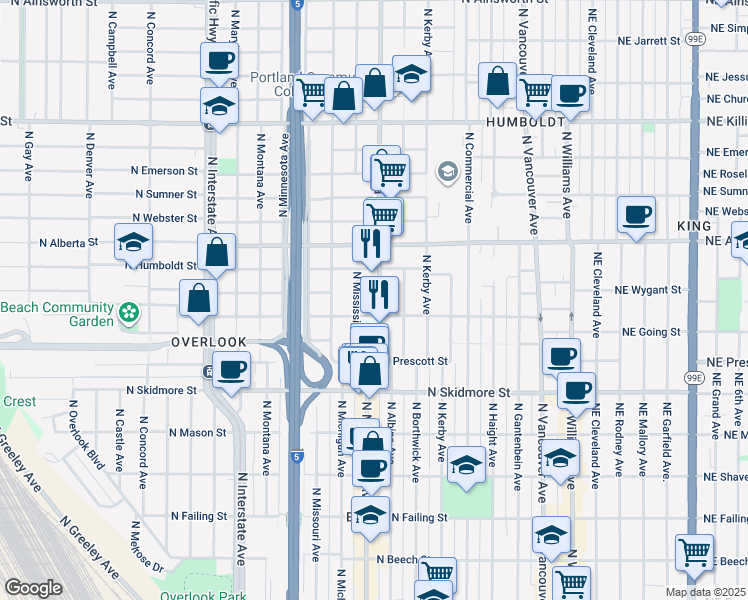 map of restaurants, bars, coffee shops, grocery stores, and more near 4824-4826 North Albina Avenue in Portland