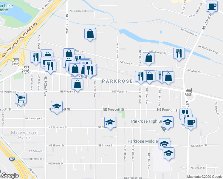 map of restaurants, bars, coffee shops, grocery stores, and more near 11104 Northeast Sandy Boulevard in Portland