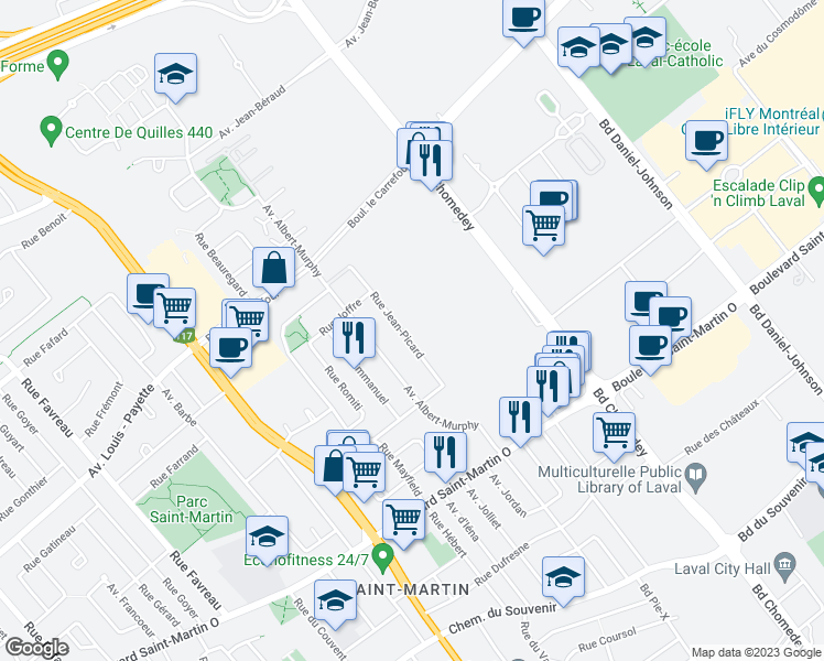 map of restaurants, bars, coffee shops, grocery stores, and more near 1885 Rue Jean-Picard in Laval