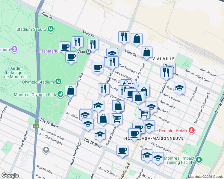 map of restaurants, bars, coffee shops, grocery stores, and more near 2400 Avenue Aird in Montréal