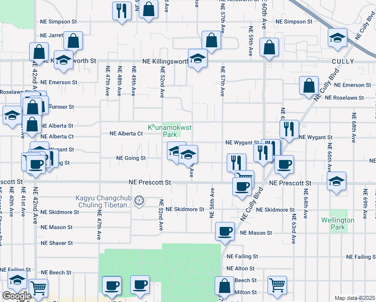 map of restaurants, bars, coffee shops, grocery stores, and more near 5505 Northeast Wygant Street in Portland