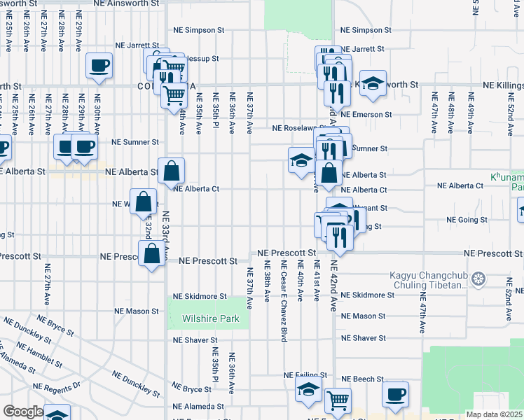 map of restaurants, bars, coffee shops, grocery stores, and more near 3726 Northeast Alberta Court in Portland