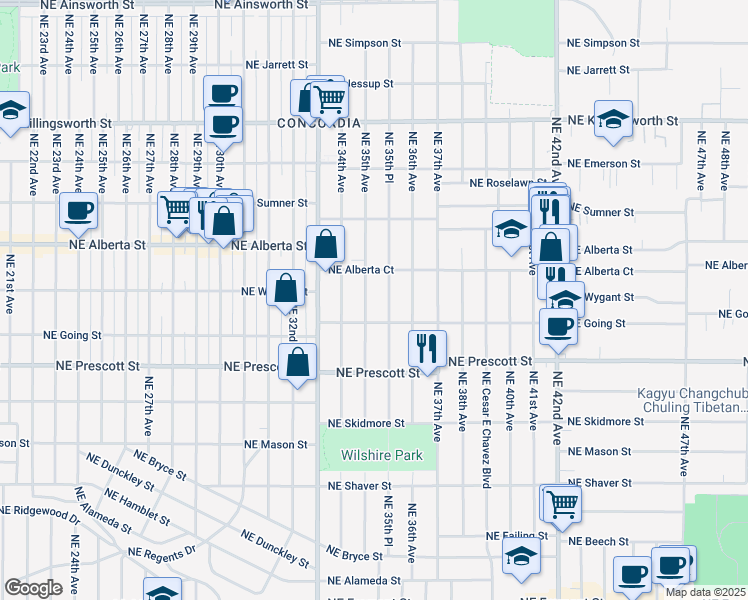 map of restaurants, bars, coffee shops, grocery stores, and more near 4827 Northeast 35th Place in Portland