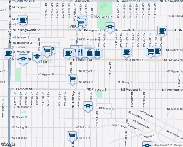 map of restaurants, bars, coffee shops, grocery stores, and more near 4816 Northeast 17th Avenue in Portland