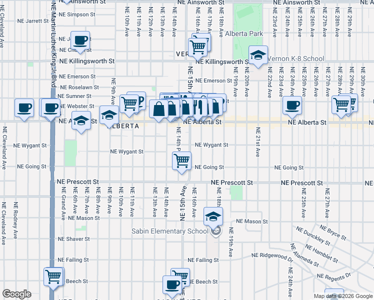 map of restaurants, bars, coffee shops, grocery stores, and more near 4814 Northeast 14th Place in Portland