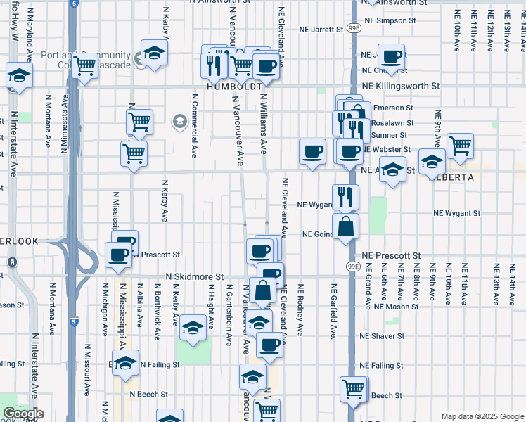 map of restaurants, bars, coffee shops, grocery stores, and more near 4821 North Williams Avenue in Portland