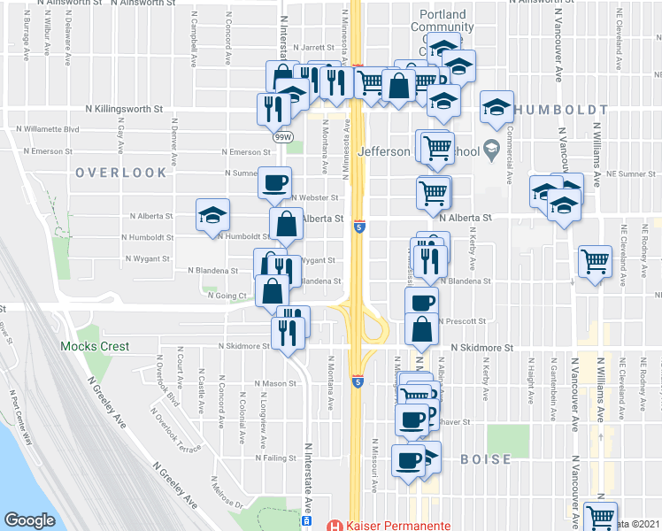 map of restaurants, bars, coffee shops, grocery stores, and more near 4825 North Montana Avenue in Portland