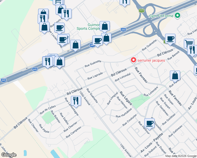 map of restaurants, bars, coffee shops, grocery stores, and more near 4543 Boulevard Cléroux in Laval