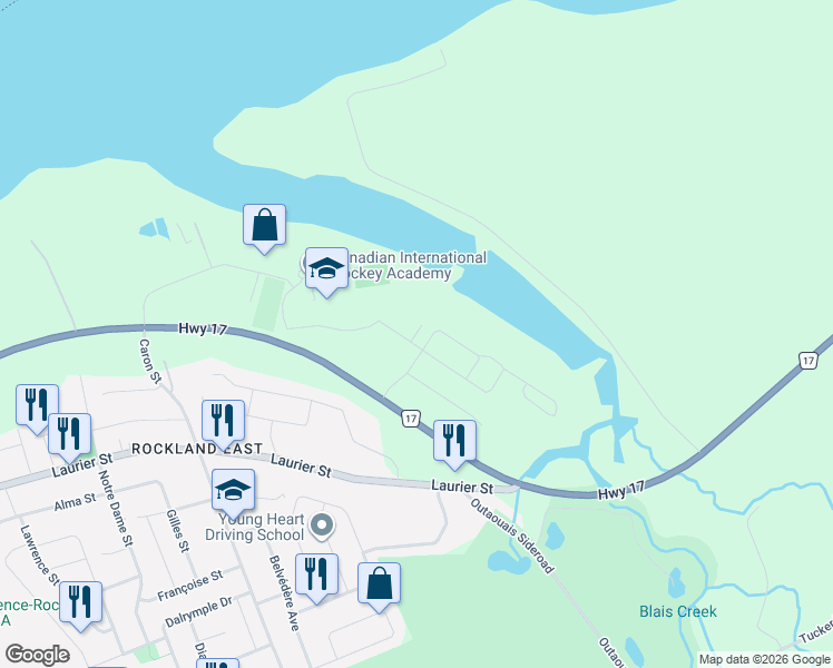 map of restaurants, bars, coffee shops, grocery stores, and more near 410 Premiere Lane in Clarence-Rockland