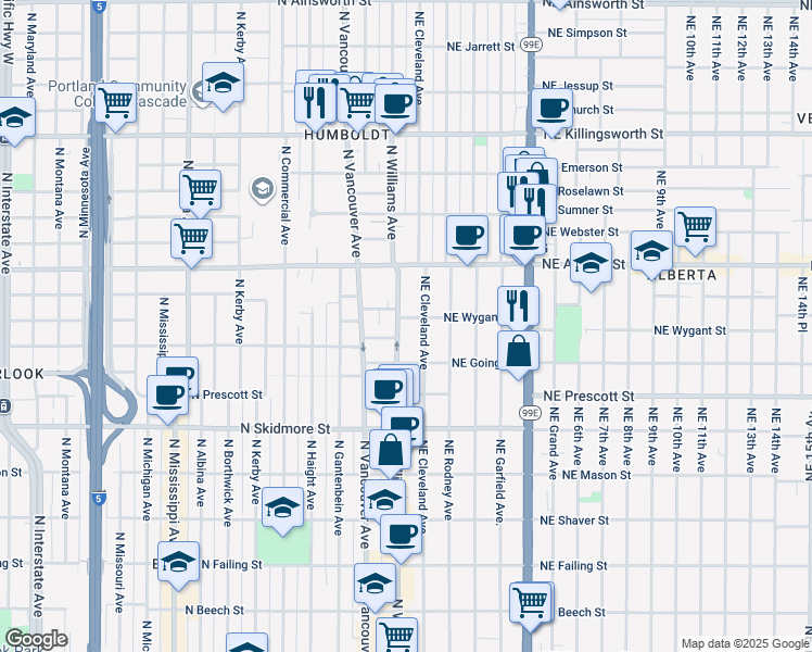 map of restaurants, bars, coffee shops, grocery stores, and more near 4821 North Williams Avenue in Portland