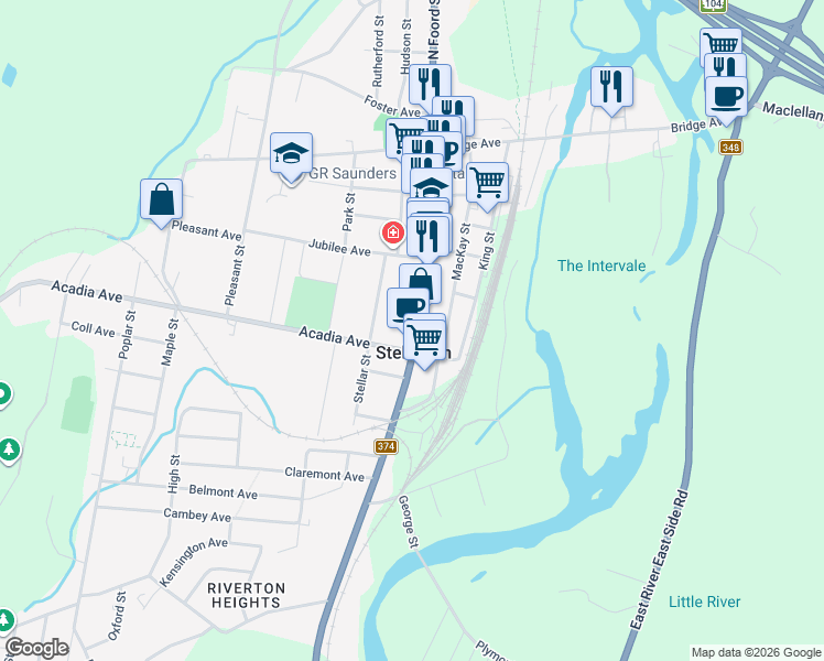 map of restaurants, bars, coffee shops, grocery stores, and more near 276 South Foord Street in Stellarton