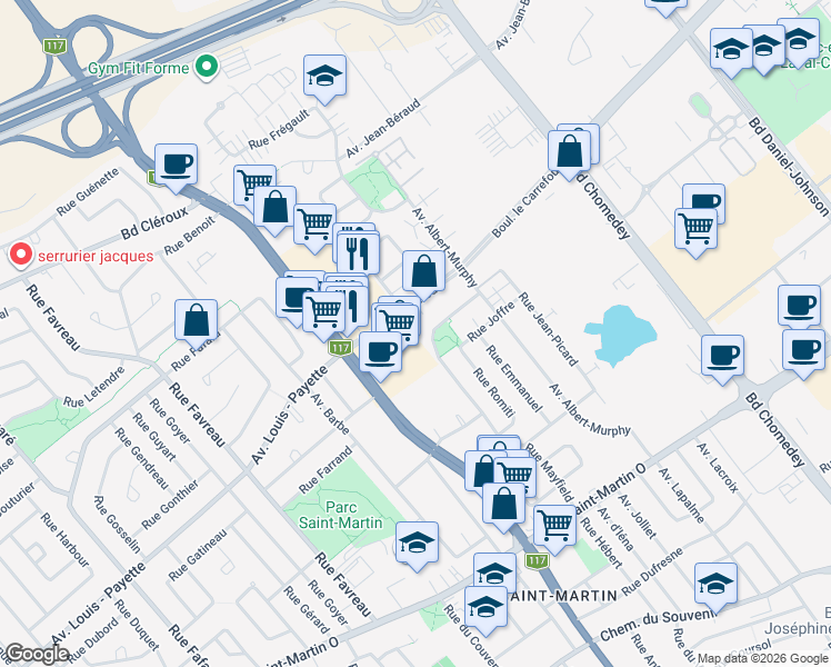 map of restaurants, bars, coffee shops, grocery stores, and more near 2042 Rue Mayfield in Laval