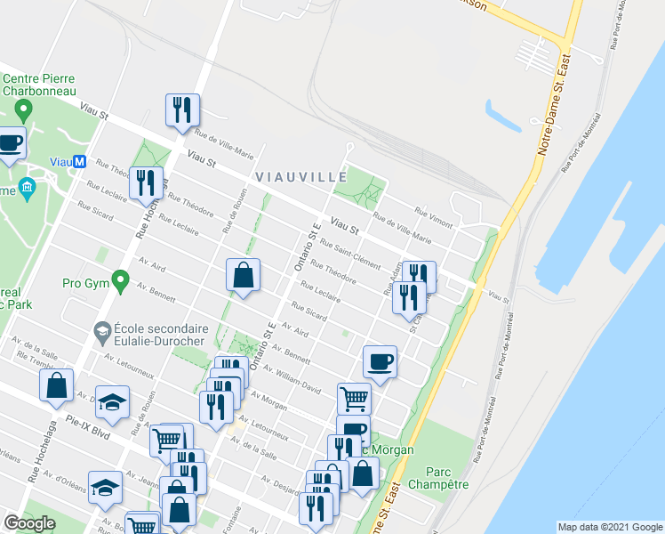 map of restaurants, bars, coffee shops, grocery stores, and more near 1849 Rue Théodore in Montreal