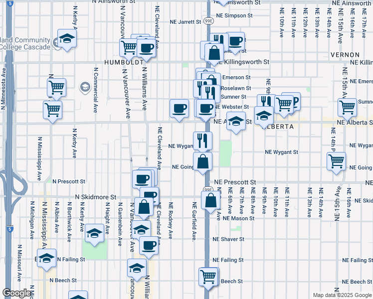 map of restaurants, bars, coffee shops, grocery stores, and more near 204 Northeast Wygant Street in Portland