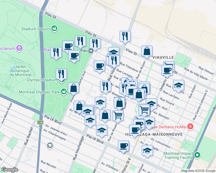 map of restaurants, bars, coffee shops, grocery stores, and more near 4570 Rue Hochelaga in Montréal