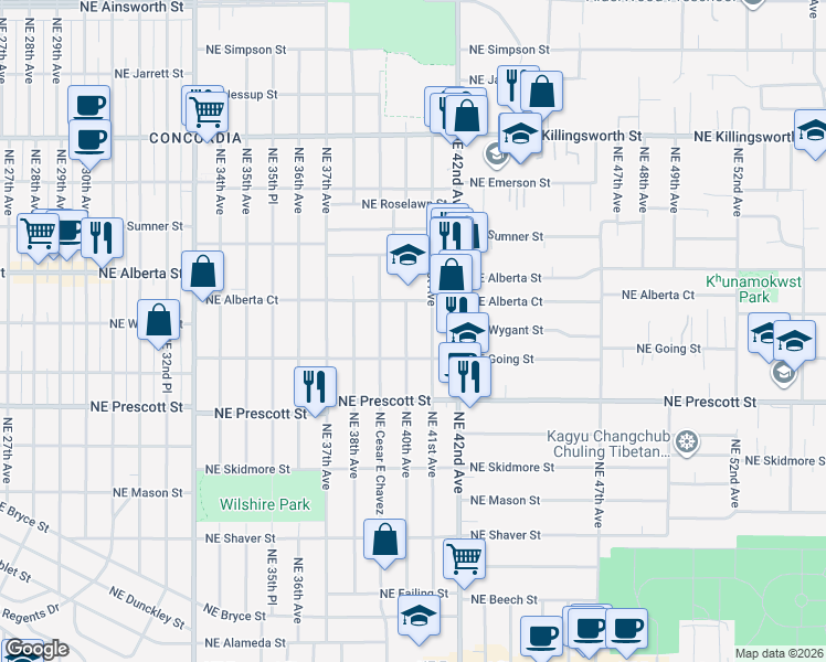 map of restaurants, bars, coffee shops, grocery stores, and more near 4826 Northeast 40th Avenue in Portland