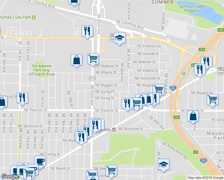 map of restaurants, bars, coffee shops, grocery stores, and more near 8437 Northeast Going Place in Portland
