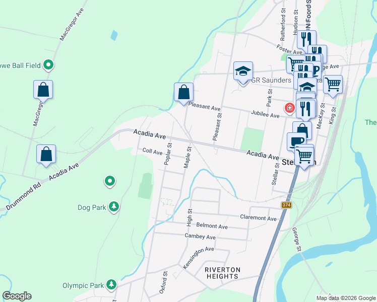 map of restaurants, bars, coffee shops, grocery stores, and more near Maple Street in Stellarton