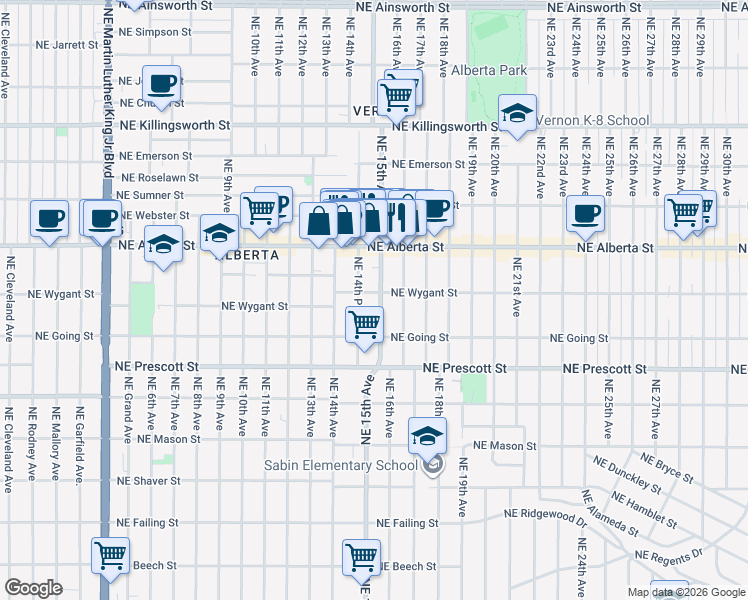 map of restaurants, bars, coffee shops, grocery stores, and more near 4739 Northeast 15th Avenue in Portland