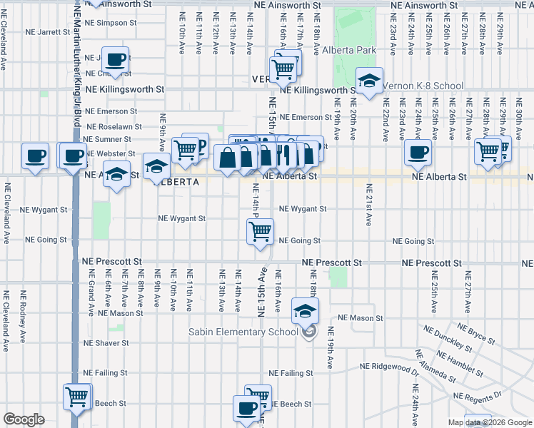 map of restaurants, bars, coffee shops, grocery stores, and more near 4739 Northeast 15th Avenue in Portland