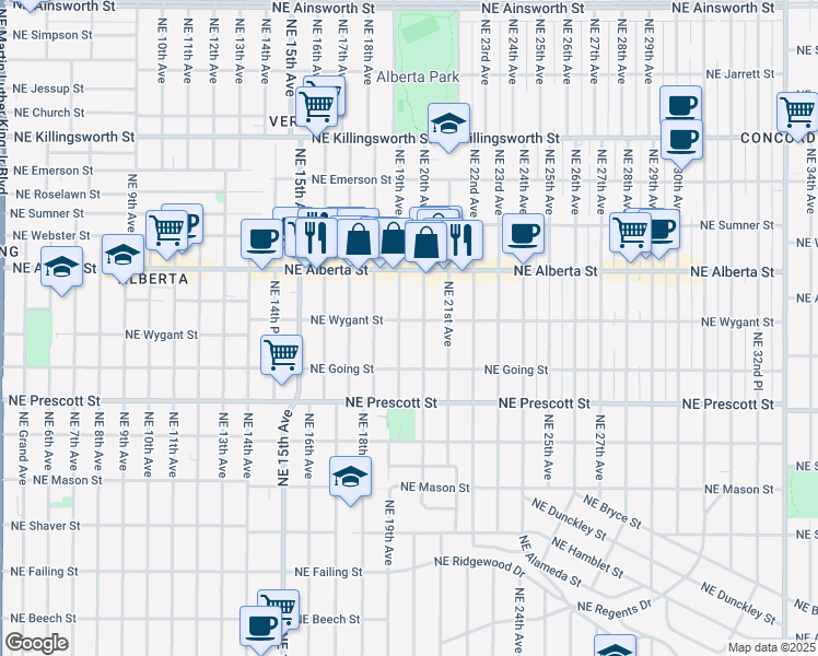 map of restaurants, bars, coffee shops, grocery stores, and more near 4829 Northeast 19th Avenue in Portland