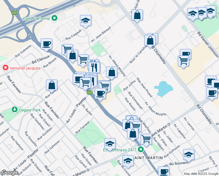 map of restaurants, bars, coffee shops, grocery stores, and more near 2042 Rue Mayfield in Laval