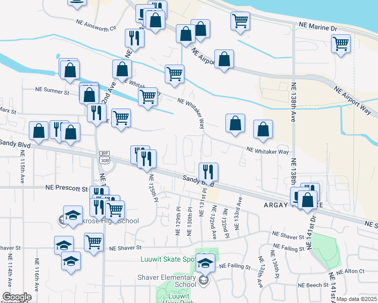 map of restaurants, bars, coffee shops, grocery stores, and more near 12986 Northeast Whitaker Way in Portland