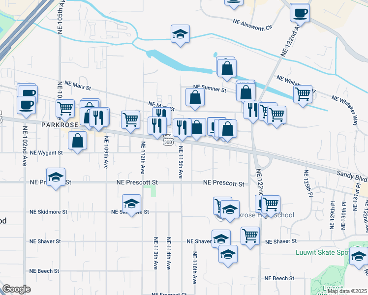 map of restaurants, bars, coffee shops, grocery stores, and more near 11417 U.S. 30 Bypass in Portland