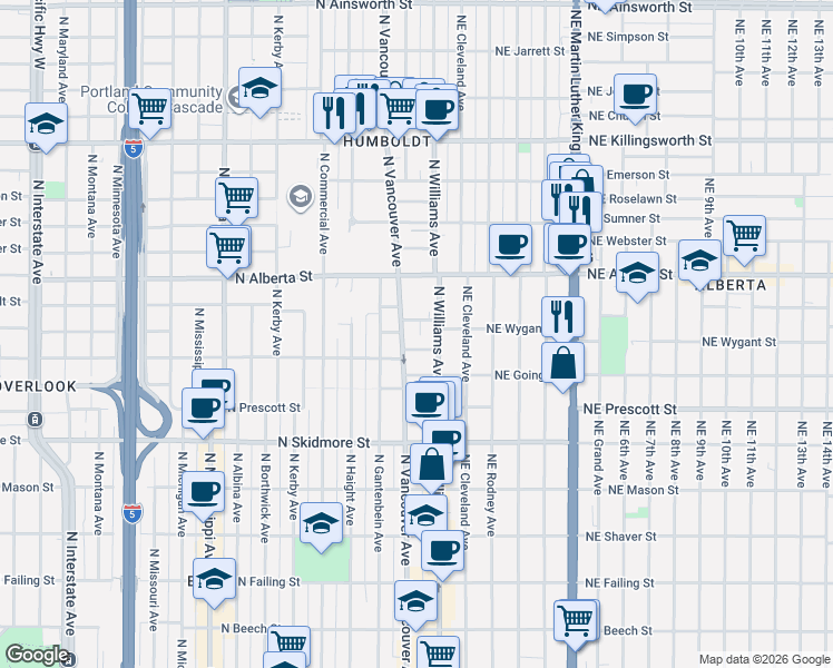 map of restaurants, bars, coffee shops, grocery stores, and more near 4821 North Williams Avenue in Portland