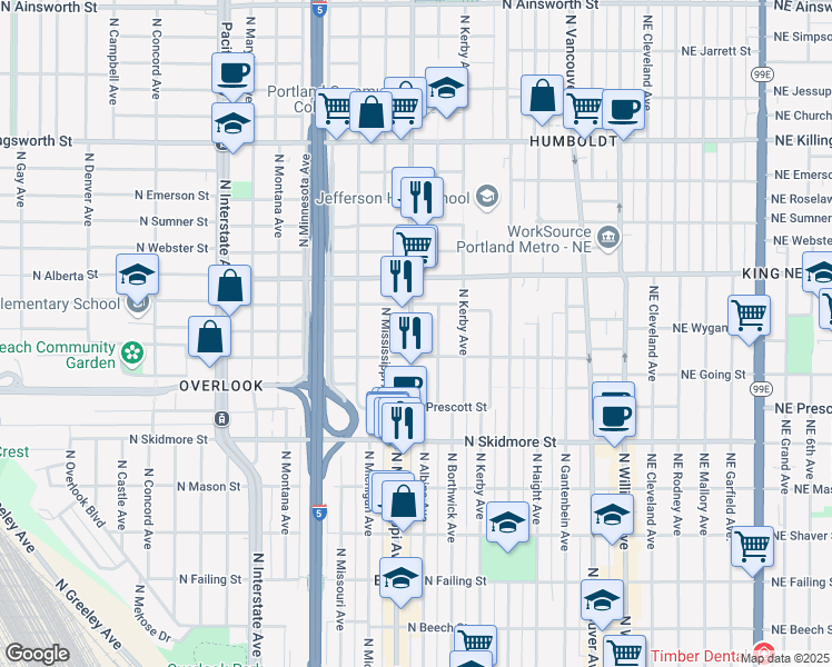 map of restaurants, bars, coffee shops, grocery stores, and more near 4824-4826 North Albina Avenue in Portland