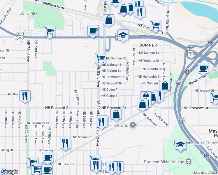 map of restaurants, bars, coffee shops, grocery stores, and more near 8325 Northeast Going Place in Portland