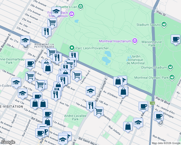 map of restaurants, bars, coffee shops, grocery stores, and more near 5177 Avenue Jeanne-d'Arc in Montréal