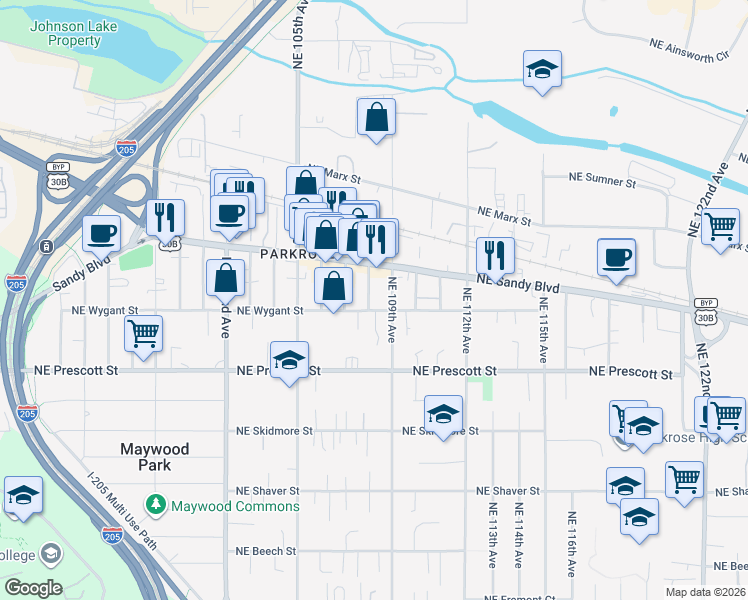 map of restaurants, bars, coffee shops, grocery stores, and more near 4722 Northeast 108th Avenue in Portland