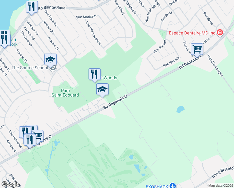 map of restaurants, bars, coffee shops, grocery stores, and more near 4423 Boulevard Dagenais Ouest in Laval