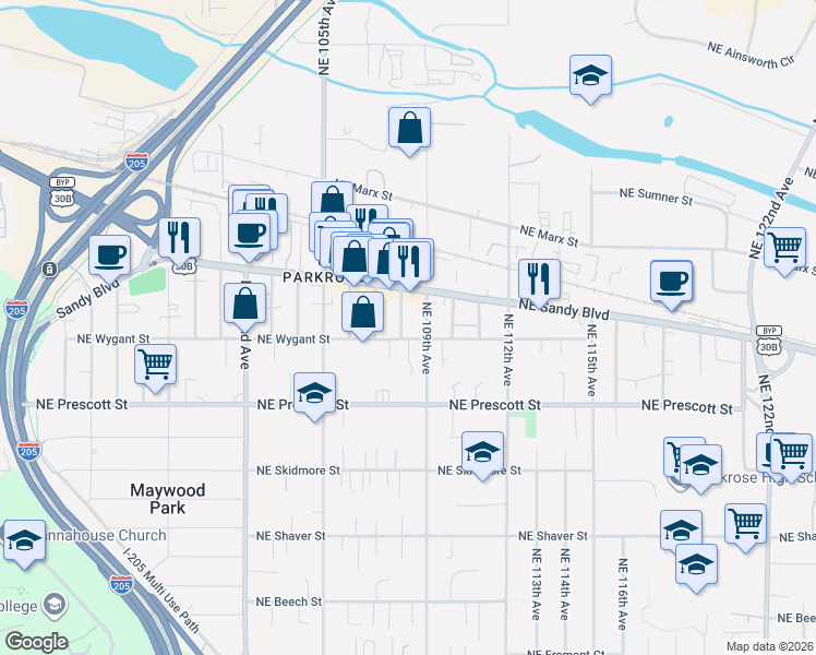 map of restaurants, bars, coffee shops, grocery stores, and more near 4722 Northeast 108th Avenue in Portland