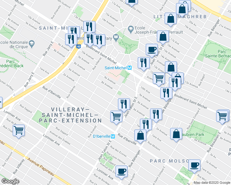 map of restaurants, bars, coffee shops, grocery stores, and more near 2709 Rue Everett in Montréal
