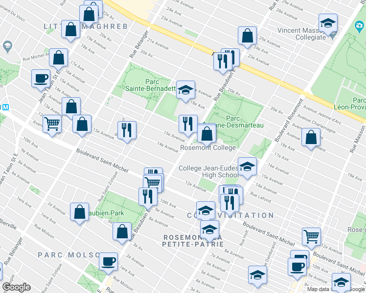 map of restaurants, bars, coffee shops, grocery stores, and more near 3549 Rue Beaubien Est in Montréal