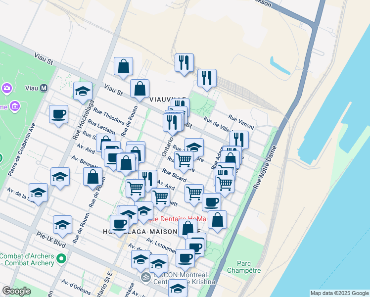map of restaurants, bars, coffee shops, grocery stores, and more near 1849 Rue Théodore in Montréal