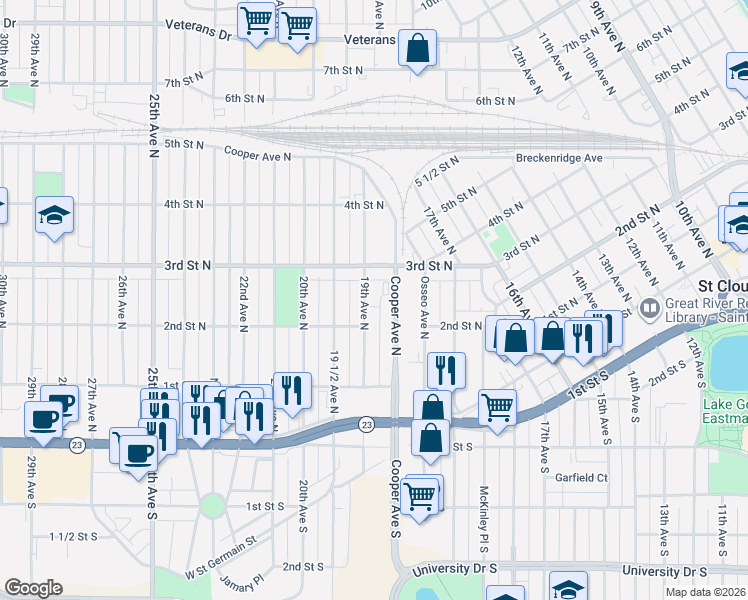 map of restaurants, bars, coffee shops, grocery stores, and more near 239 19th Avenue North in St. Cloud