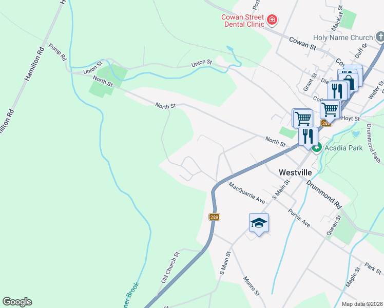 map of restaurants, bars, coffee shops, grocery stores, and more near 1050 Wadden's Court in Westville