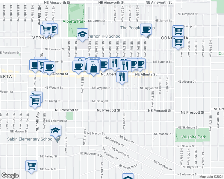 map of restaurants, bars, coffee shops, grocery stores, and more near 4736 Northeast 25th Avenue in Portland