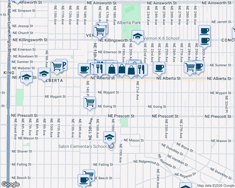 map of restaurants, bars, coffee shops, grocery stores, and more near 4770 Northeast 18th Avenue in Portland