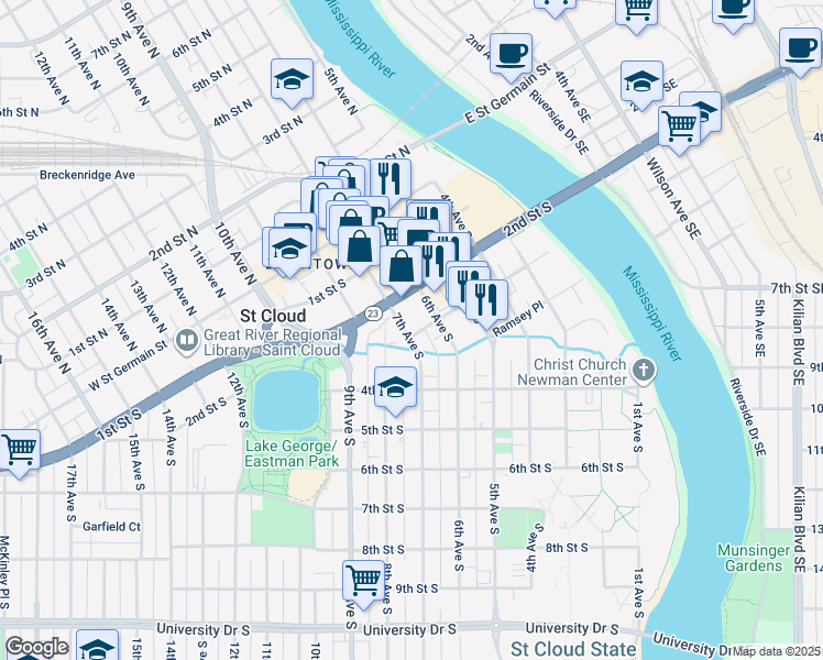 map of restaurants, bars, coffee shops, grocery stores, and more near 621 3rd Street South in St. Cloud