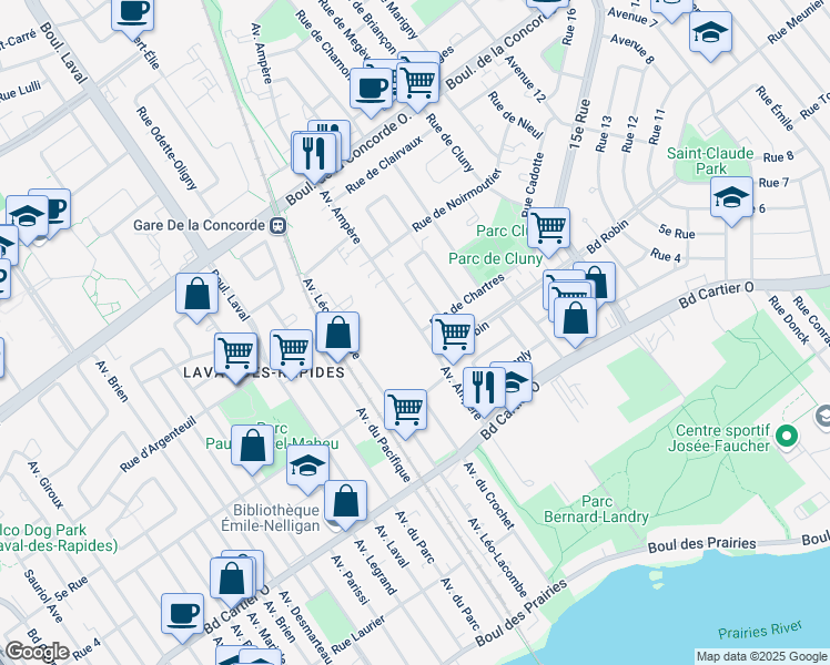 map of restaurants, bars, coffee shops, grocery stores, and more near 370 Avenue Ampère in Laval