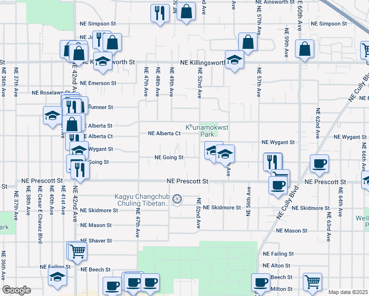 map of restaurants, bars, coffee shops, grocery stores, and more near 5003 Northeast Going Street in Portland