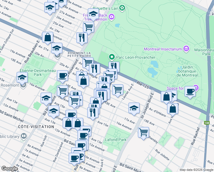 map of restaurants, bars, coffee shops, grocery stores, and more near 3935 Rue Masson in Montréal