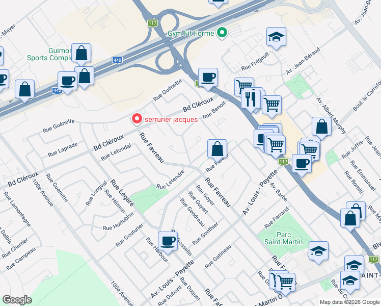 map of restaurants, bars, coffee shops, grocery stores, and more near 3988 Place Courteau in Laval
