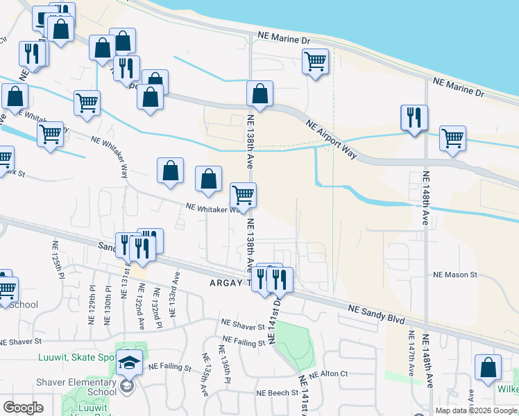 map of restaurants, bars, coffee shops, grocery stores, and more near 4600 Northeast 138th Avenue in Portland
