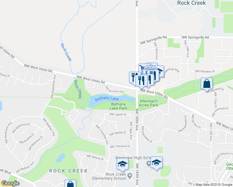 map of restaurants, bars, coffee shops, grocery stores, and more near 5229 Northwest Shoreline Way in Portland
